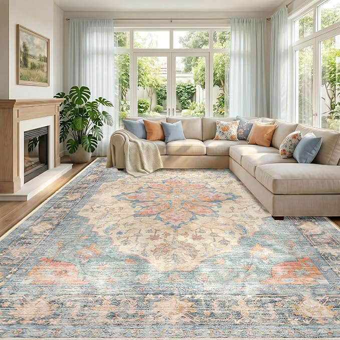 RELEANY Area Rugs Large 10'x14' Washable Non-Slip, Floral Vintage Distress by RELEANY