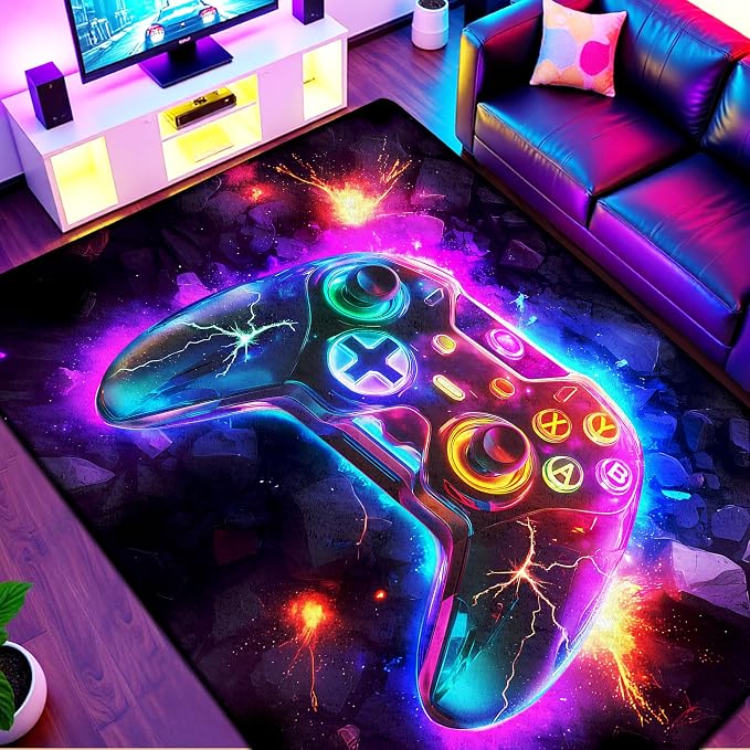 5x7 ft Neon Gaming Area Rug for Boys Room, Colorful Game Controller Carpet for by Aicliv
