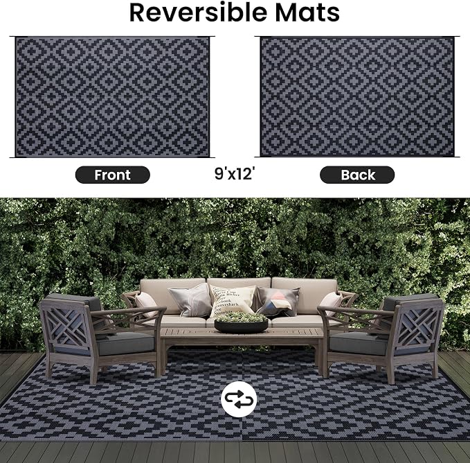 Smiry Waterproof Outdoor Rug 9x12 ft, Reversible Plastic Straw Patio Camping - Image 3