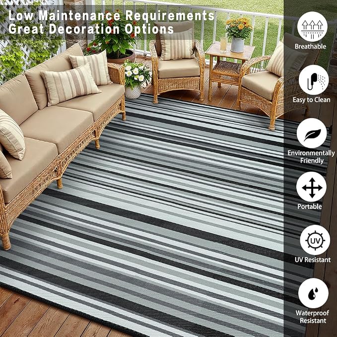Outdoor Plastic Straw Rug Waterproof Patio 6x9 Black White Stripe Mat - Image 4