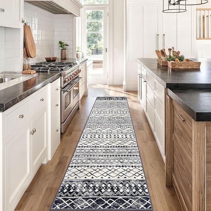 KUTA Moroccan Kitchen Rugs 2x8, Non-Slip Vintage Black Navy Blue Boho Hallway - Image 3