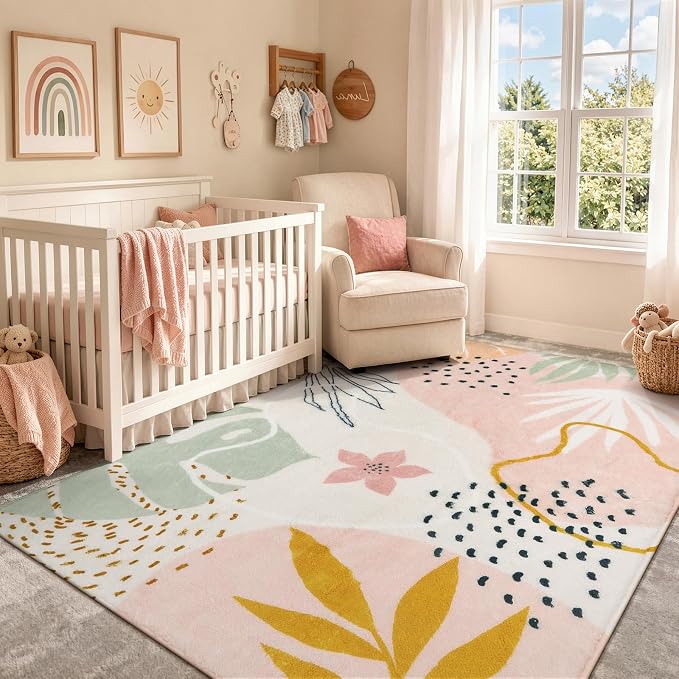 Lahome Pink Boho Nursery Rug 4x6, Washable Non Slip Soft Botanical Area Rug by Lahome
