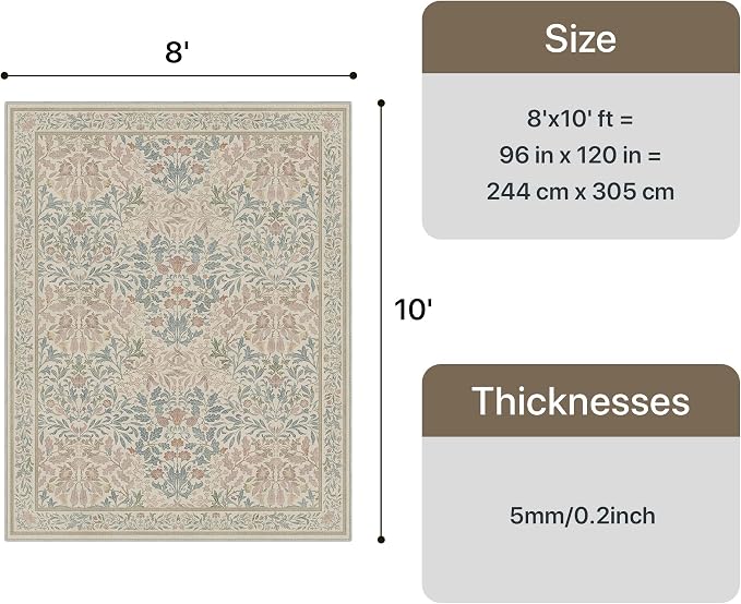 GENIMO 8x10 Washable Area Rug, Non-Slip Vintage Boho Floral Carpet, Soft - Image 2