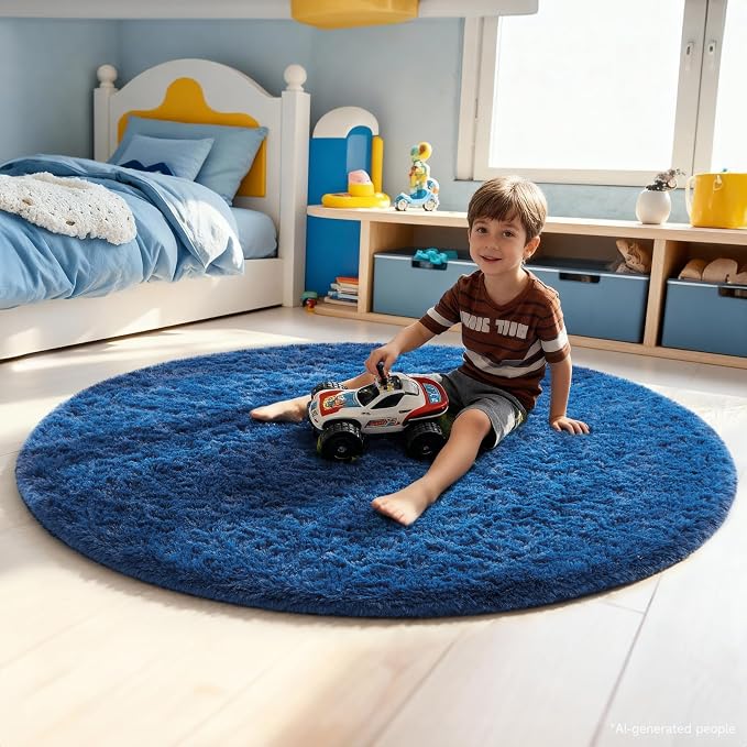 Ophanie Round Rug 5Ft Blue Circle Area Rug, Boys Room Decor, Fluffy Fuzzy - Image 3