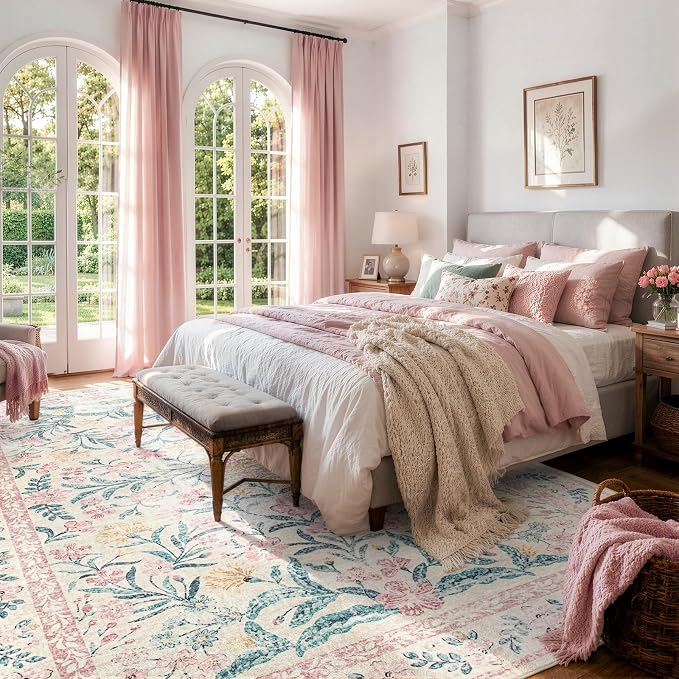 Wonnitar Machine Washable 10x14 Area Rugs, Large Living Room Rug Floral Pink - Image 7