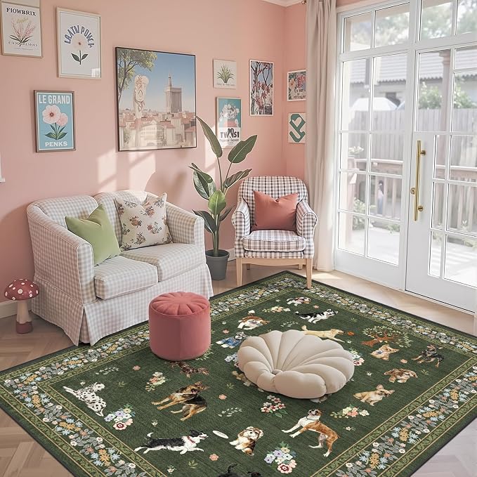 Floral Dog Machine Washable Rug Dark Green, 3x5 Rug Non Slip Soft Bedroom Rugs - Image 4