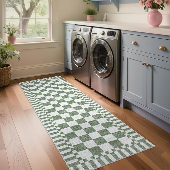 GarveeHome 2×10 Kitchen Runner Rug Non Slip, Sage Green Checkered Rug, Washable - Image 2