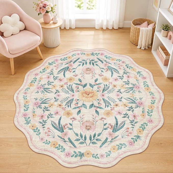 Round Floral Rug 6ft, Washable Non Slip Rug Fof Living Room by Dadasgk