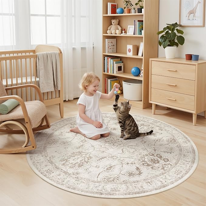 Madane Washable Round Rug 6ft for Living Room, Soft Ultra-Thin Non-Slip Vintage - Image 3
