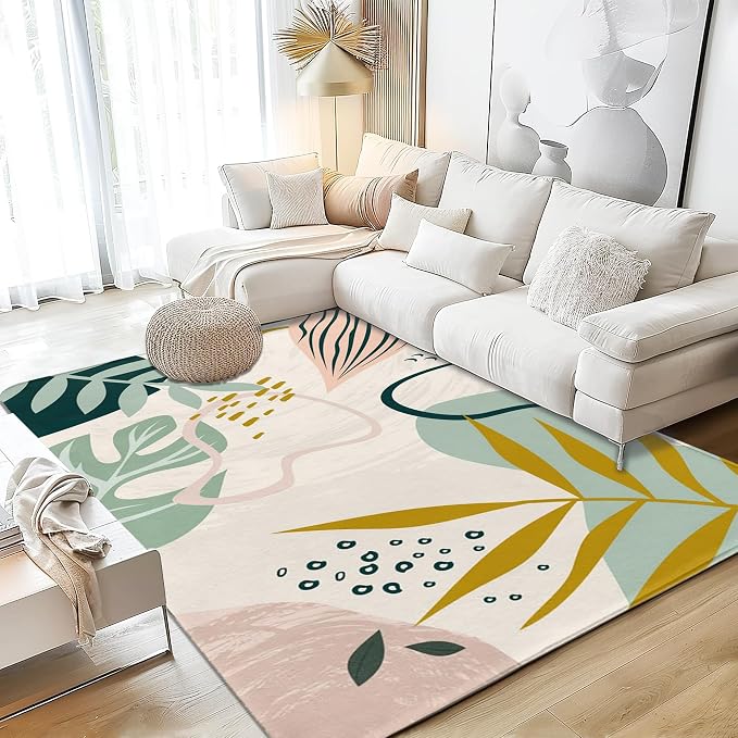 Area Rug 5x7 Washable Rug, Machine Washable Tropical Plam Leaves Rugs by SPUNKER