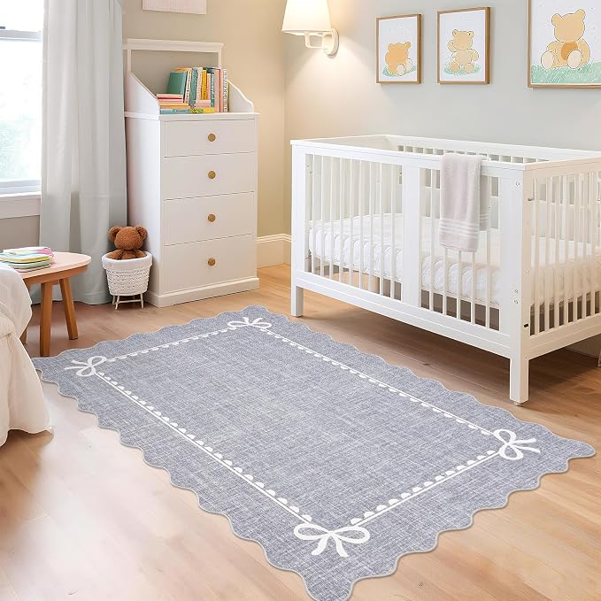GarveeHome Scalloped Bow Rug for Living Room, Solid Grey Rug for Dorm, Washable - Image 3