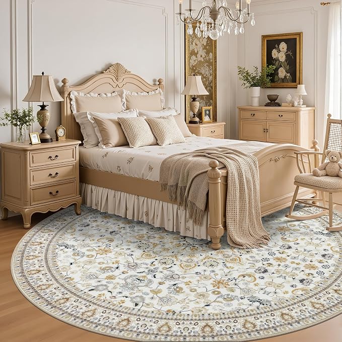 Round Area Rug for Living Room: 4 ft Washable Vintage Boho Soft Thin Circle Rug - Image 4