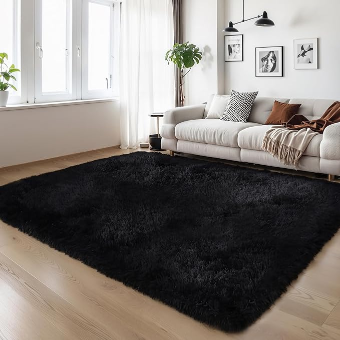 KICHOWUA Thick Area Rug Black Fluffy Shag 3x5 - Image 7