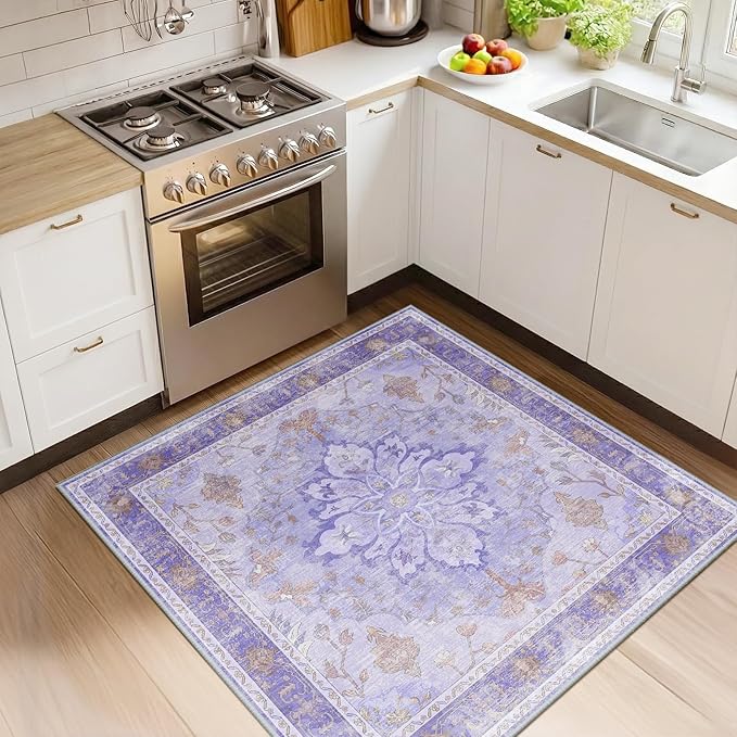 RELEANY Area Rugs Square 4ft Washable Non-Slip, Floral Vintage Distress by RELEANY