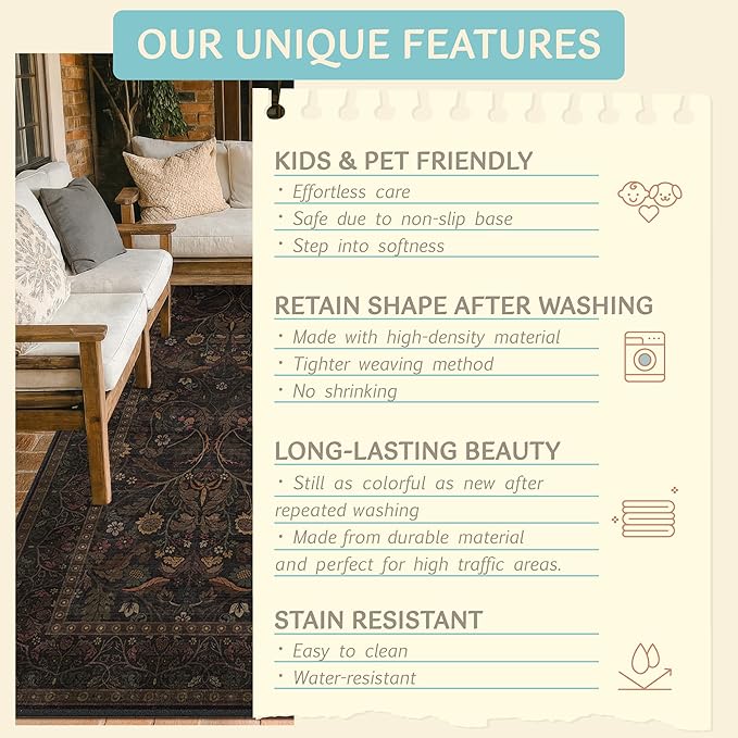 7x9 Area Rug for Dining Room, Machine Washable Dark Academia Flower Rugs - Image 5