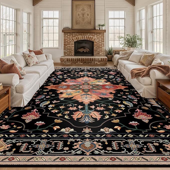 RELEANY Area Rugs Large 10'x12' Washable Non-Slip, Floral Vintage Distress by RELEANY