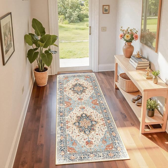 RELEANY Area Rugs Runner 2'x6' Washable Non-Slip, Floral Vintage Distress by RELEANY