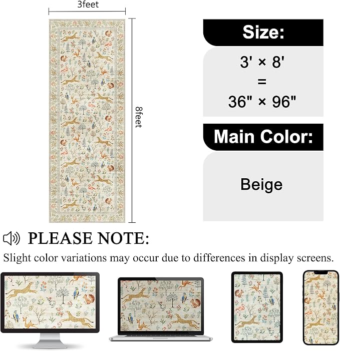 DUKINO 3x8 Washable Runner Rug, Low Pile Animal Print Non Slip Long Runner Rug - Image 2