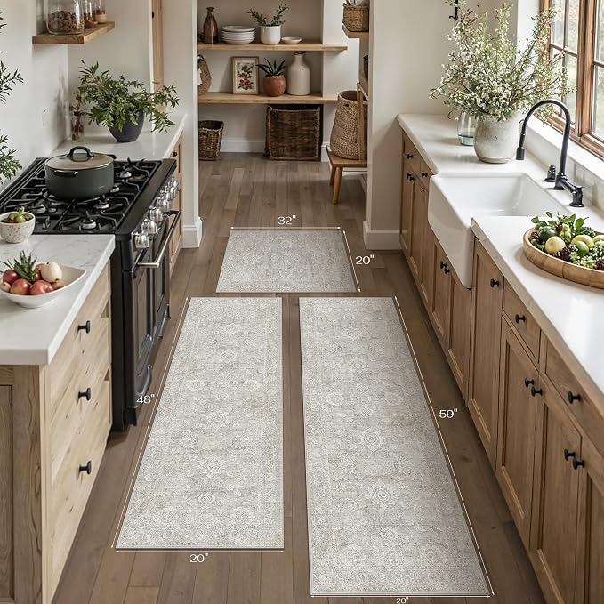 Neutral Kitchen Rug Set of 3 Washable Grey Floral Kitchen Mats - Image 5