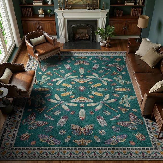 DCX 8x10 Washable Insect Rug, Vintage Gothic Deep Teal Rug by DCXWashableRug