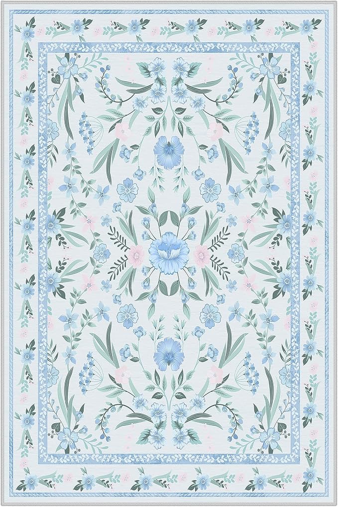 Blue and Green Rug Floral 4x6 for Girls Bedroom, Washable Non-Slip Boho Area Rug - Image 5