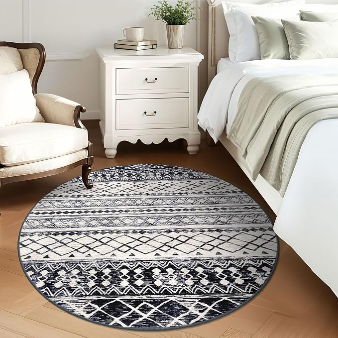 KUTA Washable Rugs Round 5Ft Black Navy Blue Boho Area Rug - Image 2