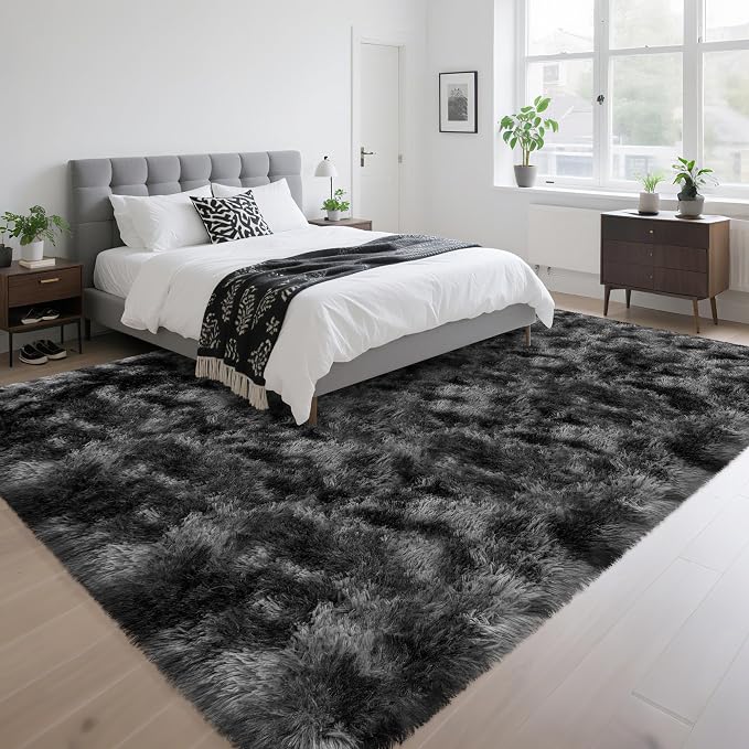 Plush 8x10 Area Rug for Living Room, Tie-Dyed Dark Grey Black 8x10 Shag Rug for - Image 2