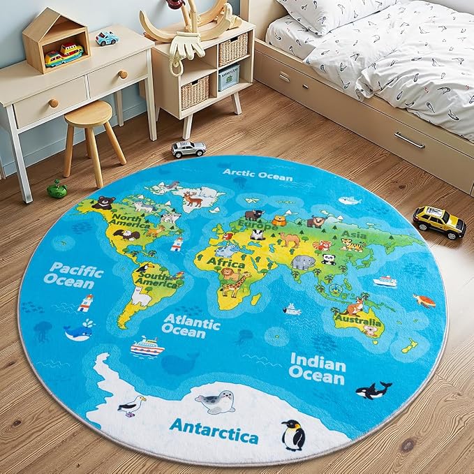 Kids Playroom Rug, 4x4ft Round World Map Play Mat - Image 9