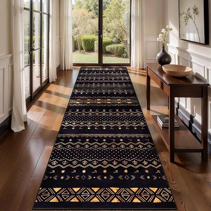 SERISSA Hallway Runner Rug, 2x10 Washable Non-Slip Black and Gold Boho Rug by SERISSAHomeDecorCollection