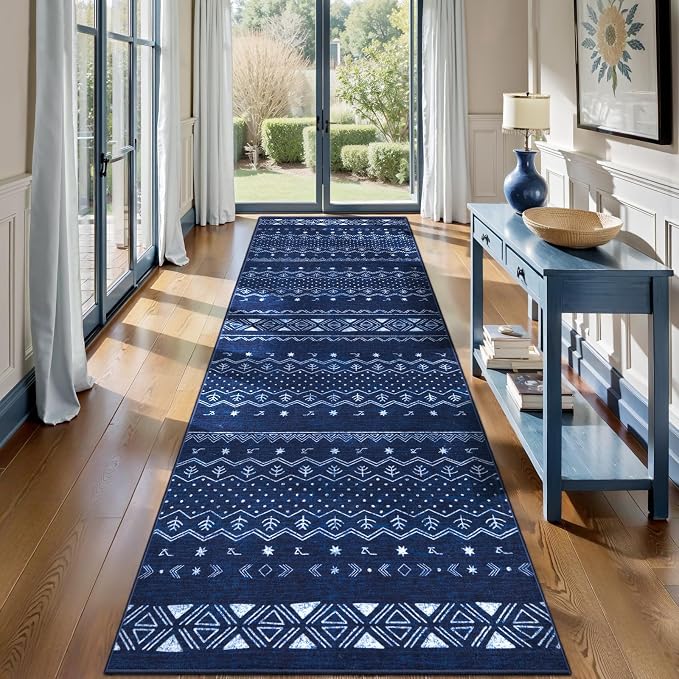 SERISSA Hallway Runner Rug, 2x10 Washable Non-Slip Blue and White Boho Rug by SERISSAHomeDecorCollection