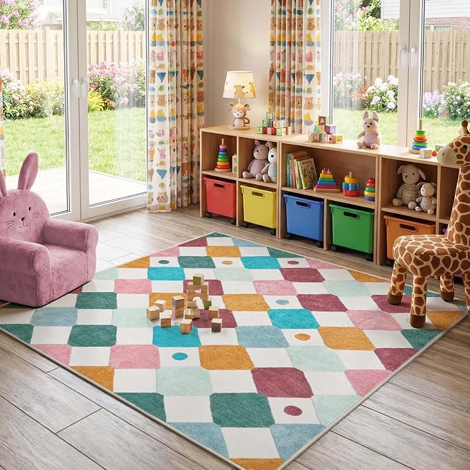 jinchan Macy Area Rug for Kids Room 5'x5' Square Rug Modern Colorful Nursery by JINCHAN