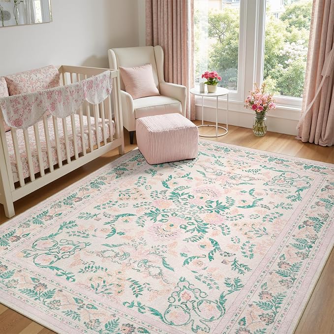 DCX 6x9 Pink Rug, Floral Rug for Girl’s Bedroom, Cute Soft Low Pile Non Slip - Image 2