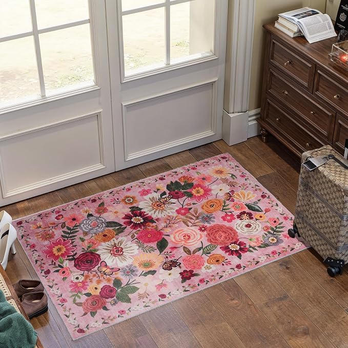 Pink Floral Rug for Entryway, 2X3 Washable Kitchen Mat Ultra-Thin Soft - Image 4
