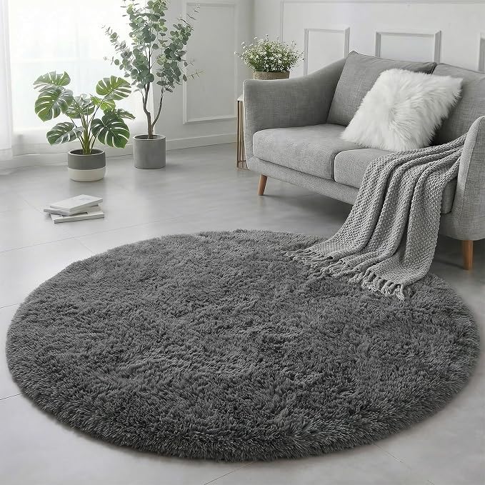 Amdrebio Grey Round Rugs 6Ft for Bedroom Living Room Decor, Fluffy Shaggy - Image 4
