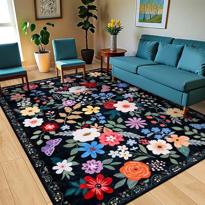 10x14 Area Rugs for Living Room: Floral Washable Rug Vintage Large Soft Boho - Image 2