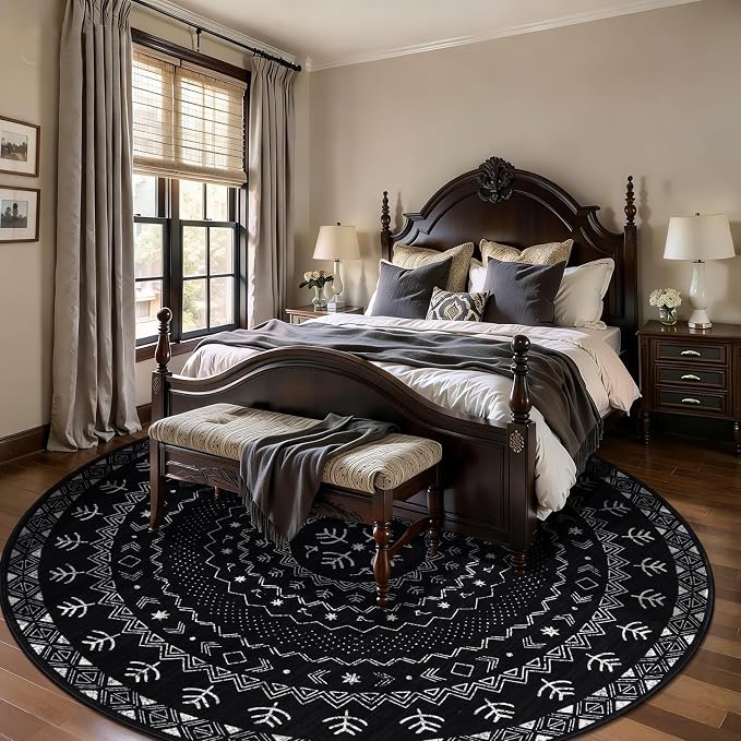 SERISSA Round Area Rug, 8ft Washable Non-Slip Black and White Boho Circle Rug - Image 2