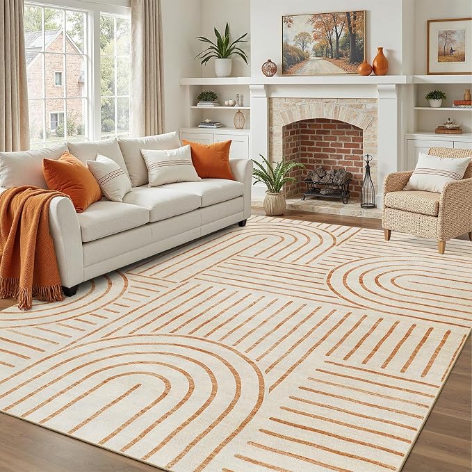 DCX Beige Machine Washable Area Rug 9x12, Midcentury Modern Non Slip Stain by DCXWashableRug