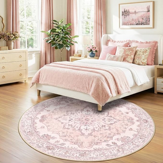 RELEANY Area Rugs Round 7ft Washable Non-Slip, Floral Vintage Distress - Image 2