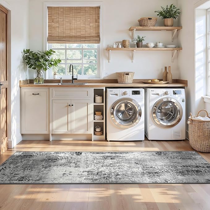 2x12 Grey Rug Runners for Hallways Kitchen Runner Rug Non Slip Washable Black - Image 4