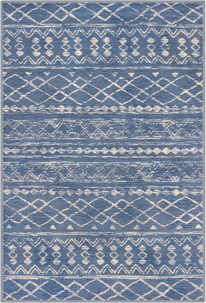 KUTA 3x5 Boho Area Rug for Living Room, Moroccan Blue Beige Washable Kitchen - Image 8
