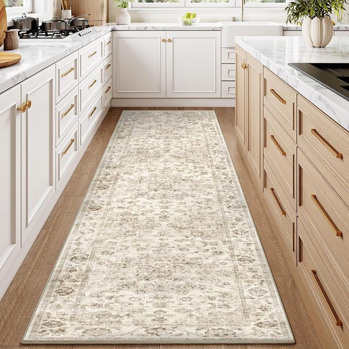 2'6x8 Washable Neutral Runner Rug Beige Vintage Hallway Kitchen Carpet Non-Slip by WondRg