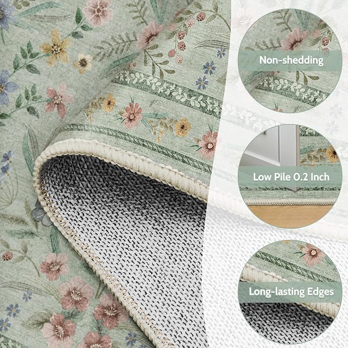 Green Floral Rug for Girls, 5x7 Washable Botanical Bedroom Rug for Nursery - Image 6