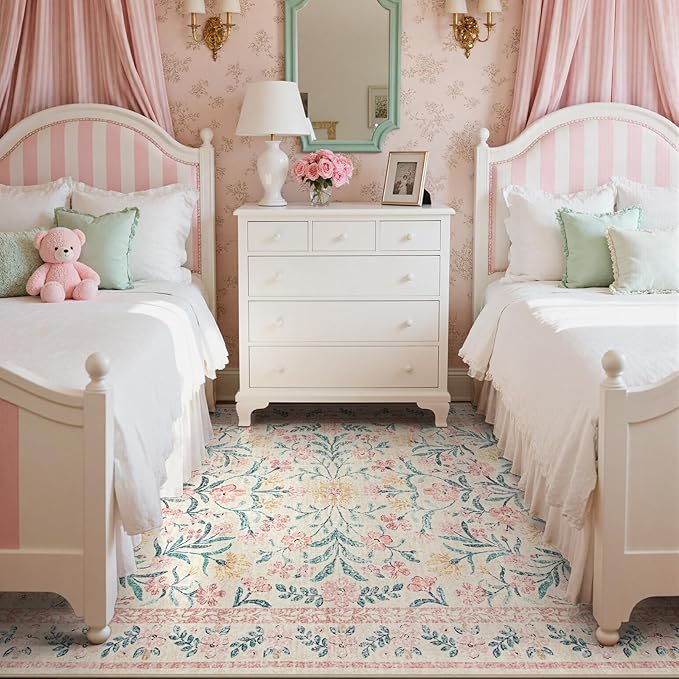 Wonnitar Pink Rugs for Nursery, 5x7 Washable Rug for Bedroom Girls, Boho Soft - Image 3