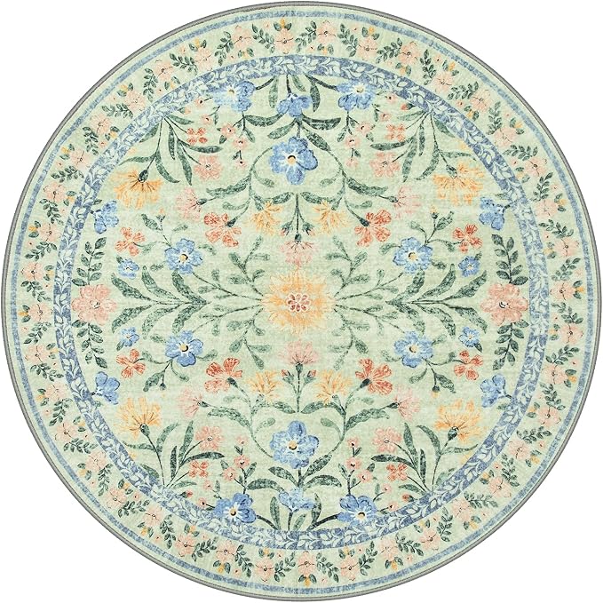 Wonnitar Washable Floral Round Rug, 6ft Sage Green Round Area Rugs - Image 9