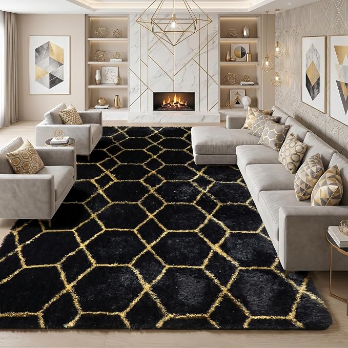 ONASAR 8x10 Area Rugs for Living Room, Fluffy Black and Gold Bedroom Rug by ONASAR