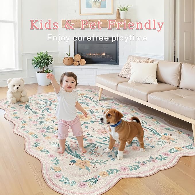 Pink Floral Rug 5X7 for Girls Bedroom or Nursery, Scalloped Washable Non-Slip - Image 4