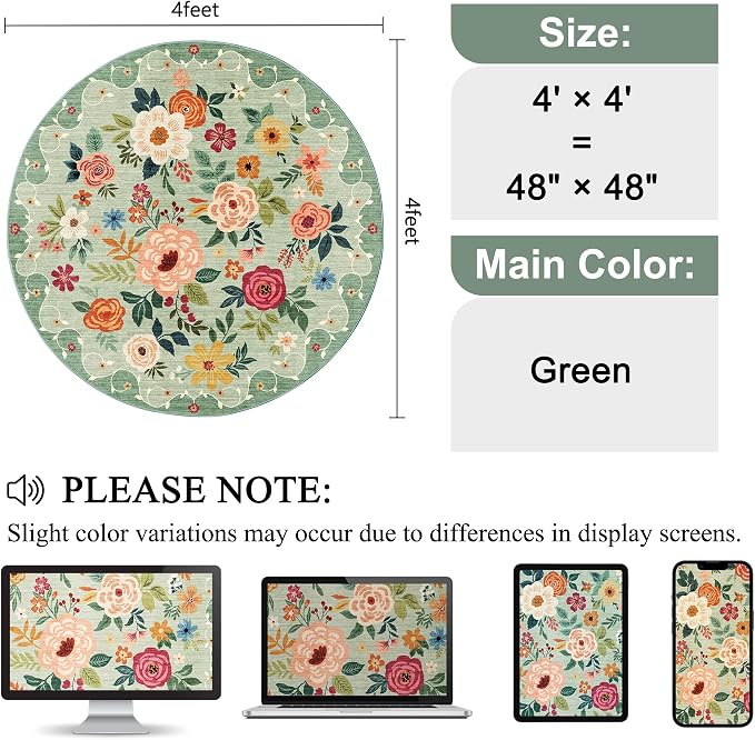 DUKINO Floral Round Rug, 4ft Washable Round Area Rug, Non Slip Indoor Low Pile - Image 2