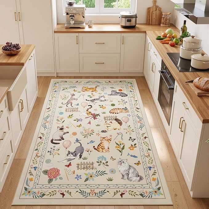 Unirea 3x5 Beige Cat Area Rug for Entryway Kitchen, Medium Washable Kids Rug - Image 6