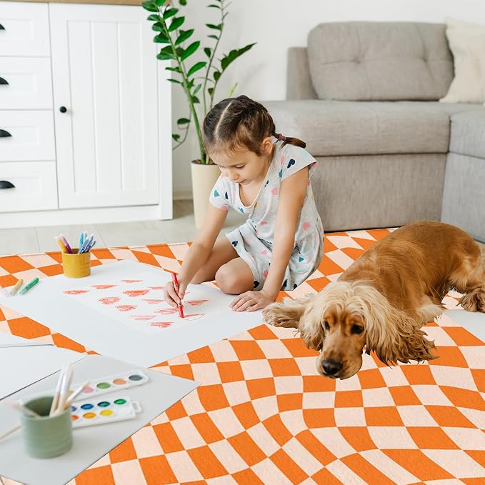 Orange Checkered Area Rug, Autumn Washable Area Rug 5x7 Large Rugs - Image 5