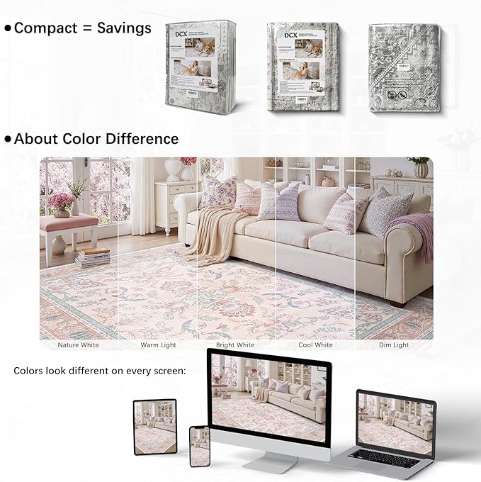 DCX 4x6 Pink Vintage Floral Rug, Machine Washable Non Slip Low Pile Carpet - Image 4